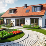 **Image:** A modern house in the countryside with a vegetable garden and space for socializing with neighbors, reflecting the owner's desire for a peaceful retirement.