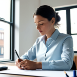 A professional female architect, fully clothed in a modest business blouse and tailored trousers, seated at a modern, uncluttered desk in a brightly lit architectural studio. She is actively sketching architectural ideas by hand on a large sketchpad with a pen, her expression focused and thoughtful. Sunlight streams in from a large window in the background, illuminating the space. Architectural models and design books are subtly visible on a shelf behind her. safe for work, appropriate content, perfect anatomy, correct proportions, natural pose, well-formed hands, proper finger count, natural body proportions, professional photography, high quality, professional.
