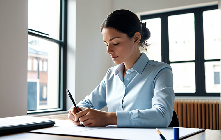 A professional female architect, fully clothed in a modest business blouse and tailored trousers, seated at a modern, uncluttered desk in a brightly lit architectural studio. She is actively sketching architectural ideas by hand on a large sketchpad with a pen, her expression focused and thoughtful. Sunlight streams in from a large window in the background, illuminating the space. Architectural models and design books are subtly visible on a shelf behind her. safe for work, appropriate content, perfect anatomy, correct proportions, natural pose, well-formed hands, proper finger count, natural body proportions, professional photography, high quality, professional.