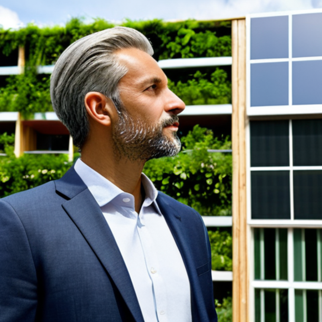 A professional architect, fully clothed in a modest business suit, observing a modern sustainable building. The building features eco-friendly materials like exposed engineered wood and recycled concrete. Large windows allow abundant natural light, and integrated vertical gardens with lush greenery climb the facade. Solar panels are visible on the roof. The setting is a bright, green urban environment. safe for work, appropriate content, fully clothed, professional, perfect anatomy, correct proportions, natural pose, well-formed hands, proper finger count, natural body proportions, professional photography, high quality.