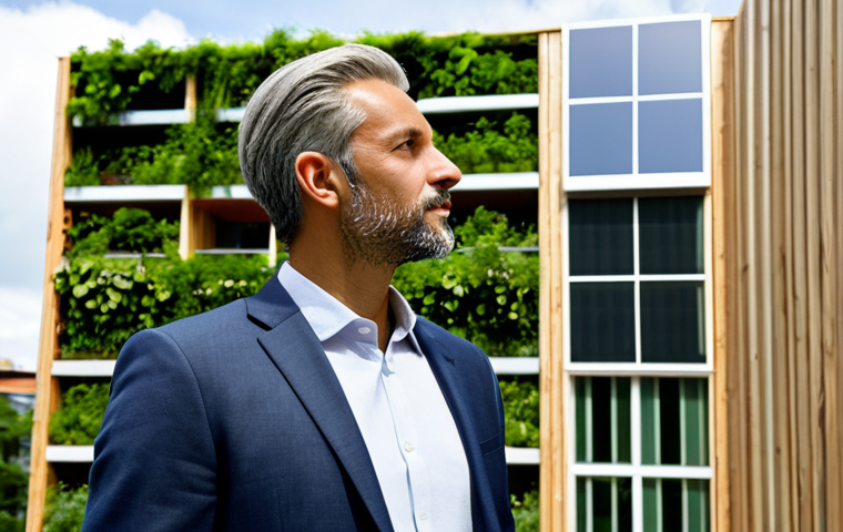 A professional architect, fully clothed in a modest business suit, observing a modern sustainable building. The building features eco-friendly materials like exposed engineered wood and recycled concrete. Large windows allow abundant natural light, and integrated vertical gardens with lush greenery climb the facade. Solar panels are visible on the roof. The setting is a bright, green urban environment. safe for work, appropriate content, fully clothed, professional, perfect anatomy, correct proportions, natural pose, well-formed hands, proper finger count, natural body proportions, professional photography, high quality.