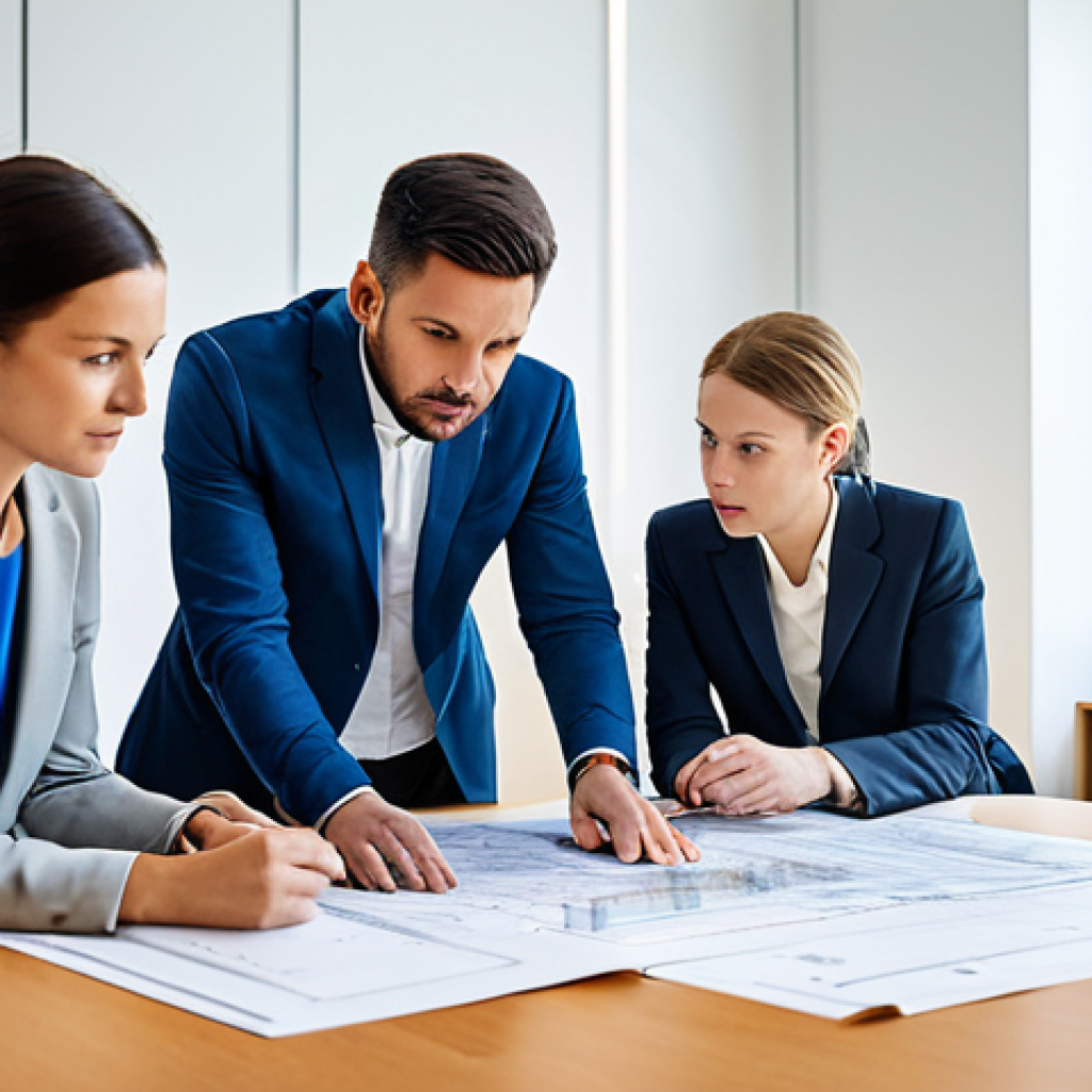 Conflict Prevention**
"Architects in a brightly lit meeting room, reviewing blueprints at a large table, fully clothed, appropriate attire, safe for work, professional environment, focus on collaborative problem-solving, perfect anatomy, natural proportions, high-quality rendering, professional photography, modest setting, family-friendly."
**