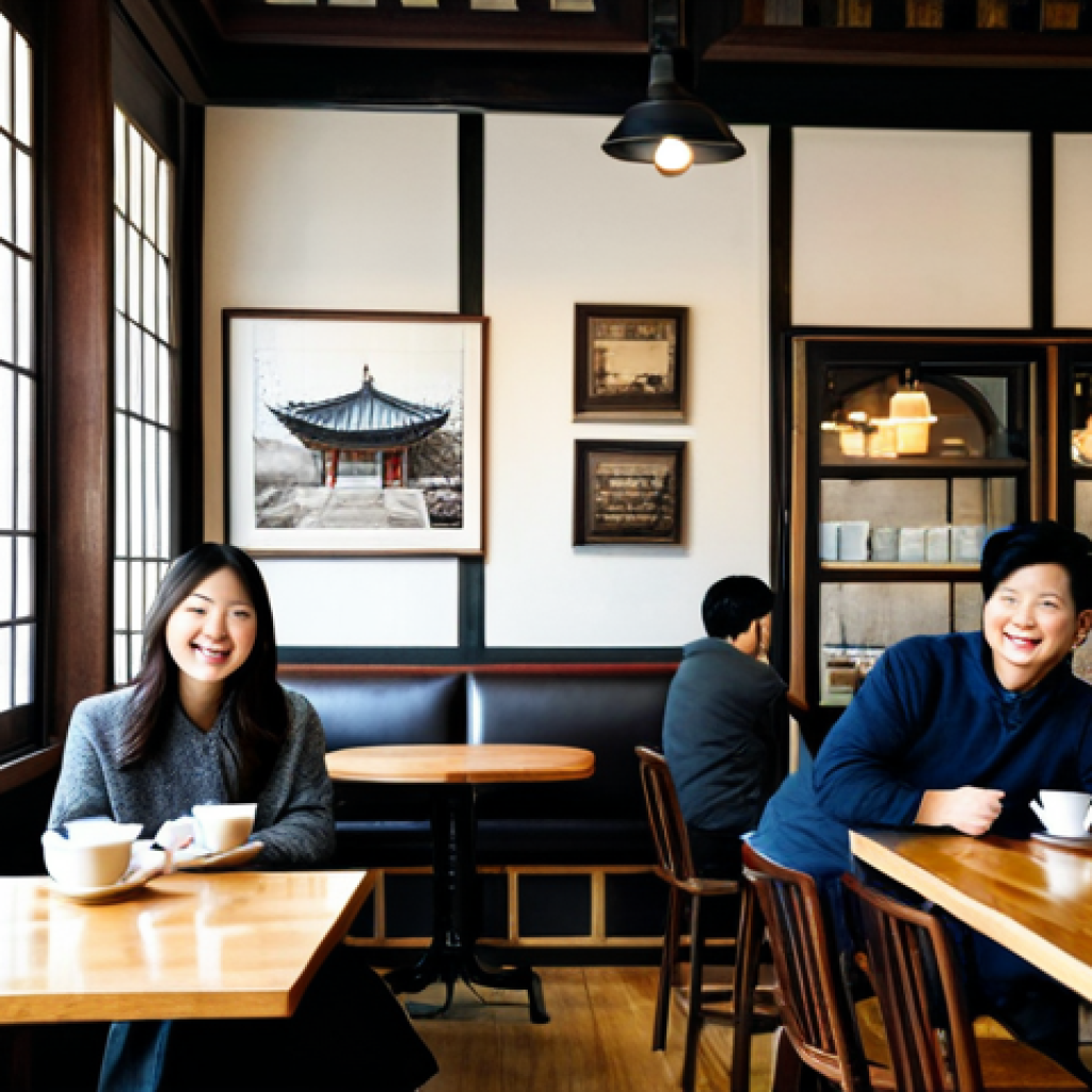 Storytelling Cafe**
A charming cafe blending traditional Korean architecture with modern design, located in a historic district. The interior features vintage photos and local stories on the walls. Customers are enjoying coffee in a warm, inviting atmosphere. Fully clothed patrons, appropriate attire, safe for work, perfect anatomy, natural proportions, professional photography, high quality, family-friendly.
**