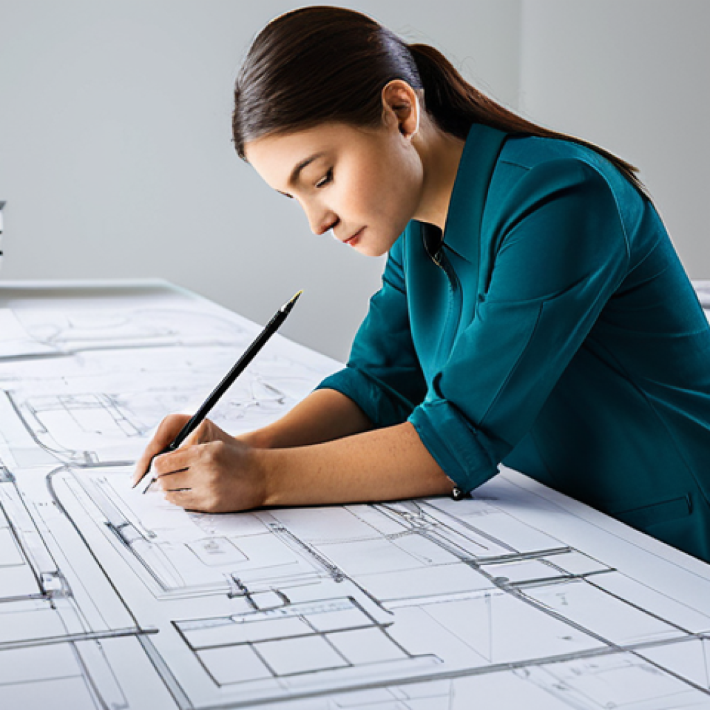 **
"A professional female architect in a fully clothed, modest outfit, meticulously reviewing architectural blueprints at a brightly lit drafting table. The setting is a modern, organized studio with architectural models and design books in the background. She is focused and confident. Safe for work, appropriate content, perfect anatomy, correct proportions, well-formed hands, proper finger count, natural body proportions, professional, family-friendly."
**
