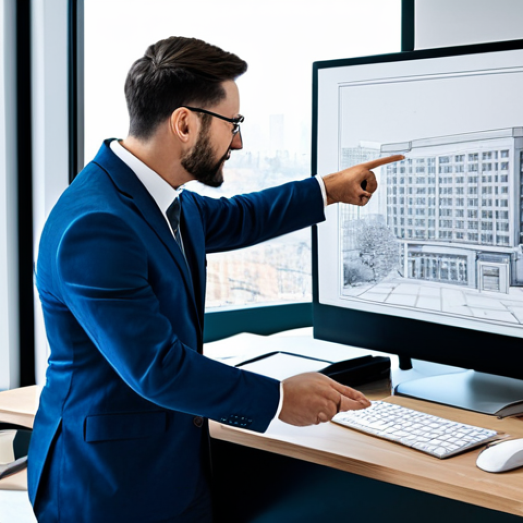 **
A professional architect in a modern office, reviewing blueprints with a client. The office features large windows overlooking a cityscape. The architect is pointing to a detailed 3D rendering of a building on a computer screen. Both are fully clothed in appropriate business attire. Safe for work, appropriate content, family-friendly, professional, perfect anatomy, correct proportions, well-formed hands, natural pose.
**