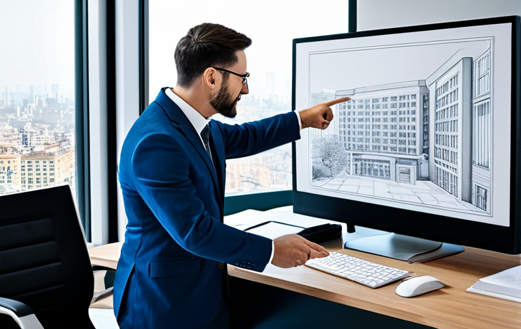 **
A professional architect in a modern office, reviewing blueprints with a client. The office features large windows overlooking a cityscape. The architect is pointing to a detailed 3D rendering of a building on a computer screen. Both are fully clothed in appropriate business attire. Safe for work, appropriate content, family-friendly, professional, perfect anatomy, correct proportions, well-formed hands, natural pose.
**