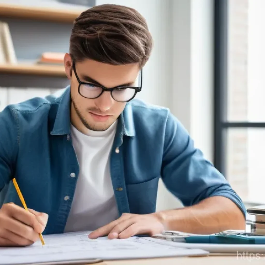 건축 실기 시험에서 자주 묻는 질문 정리 - A focused male student in his late 20s, wearing casual yet neat attire, is seated at a well-lit desk...