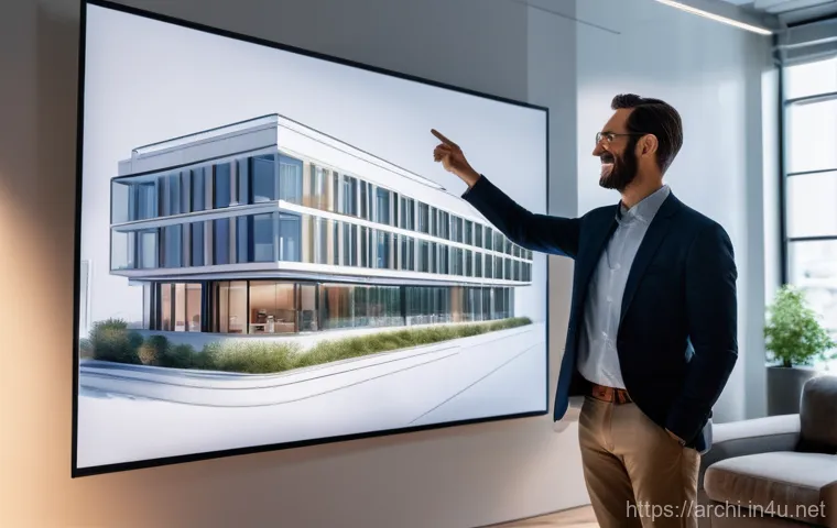 건축가의 커뮤니케이션 스킬 - **Prompt 2:** A dynamic male architect, in his early 40s, stands confidently at the center of a bust...