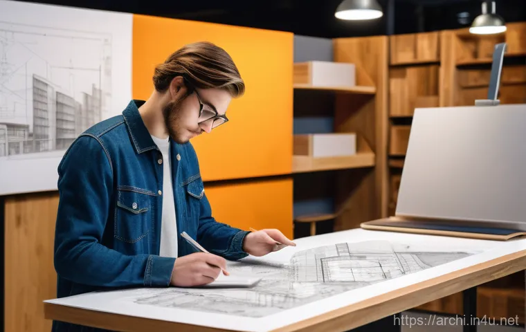 건축 실무에서 학습 리소스 활용하기 - A focused data scientist, approximately 30-35 years old, in a contemporary open-plan office setting,...