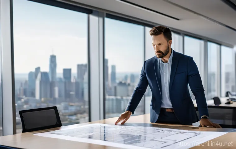 건축 실무에서 협상 전략 배우기 - A focused male architect in his late 30s, dressed in a sharp business casual attire, standing in a m...