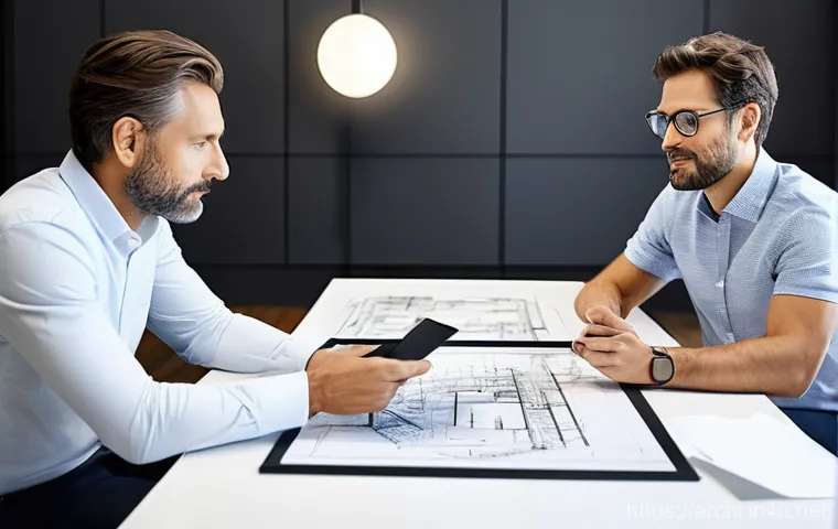 건축가의 전문성 평가 요소 - **Prompt 1: Empathetic Architect in Consultation**
A professional male architect in his late 30s...