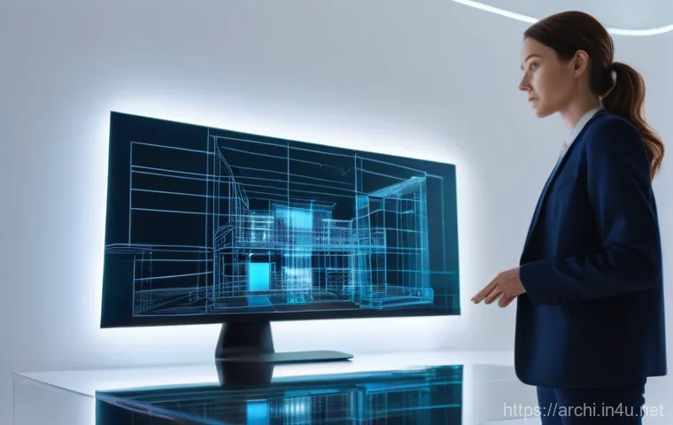 건축 설계 이론 정리 - A female architect, professionally dressed in a smart blazer and tailored trousers, stands in a soph...