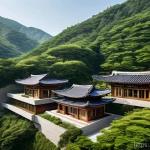 건축 설계에서 지역적 특성 반영 사례 - **Sustainable Valley Retreat: A Modern Korean Architectural Harmony**
An aerial view of a sophis...