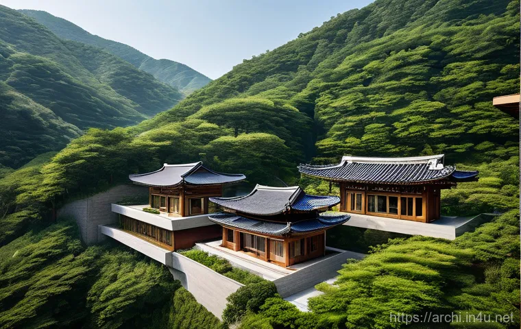 건축 설계에서 지역적 특성 반영 사례 - **Sustainable Valley Retreat: A Modern Korean Architectural Harmony**
An aerial view of a sophis...