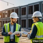 건축 프로젝트의 관리 도구와 시스템 비교 - **Prompt:** A bustling, organized construction site at dawn, showcasing a diverse team of architects...