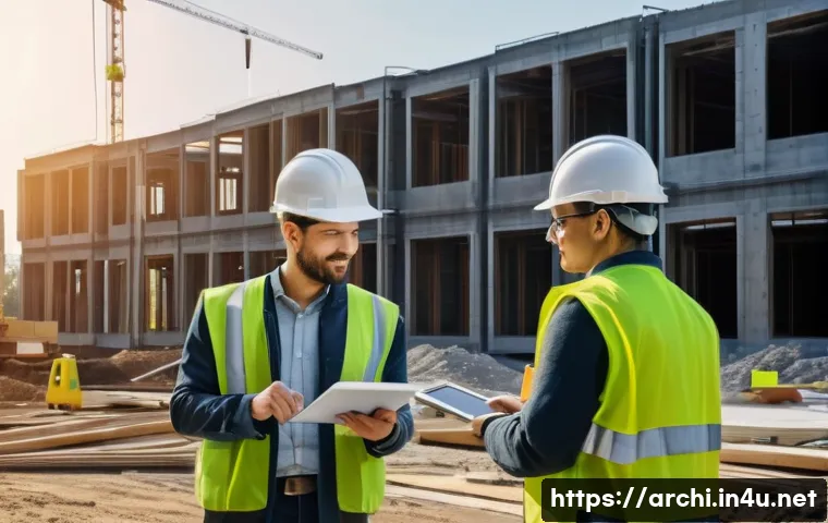 건축 프로젝트의 관리 도구와 시스템 비교 - **Prompt:** A bustling, organized construction site at dawn, showcasing a diverse team of architects...